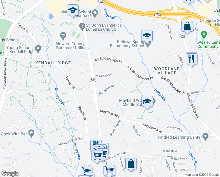 map of restaurants, bars, coffee shops, grocery stores, and more near 6250 Woodcrest Drive in Ellicott City