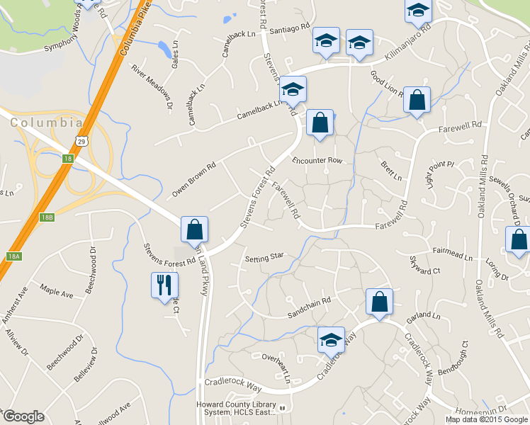 map of restaurants, bars, coffee shops, grocery stores, and more near 9636 Rocksparkle Row in Columbia