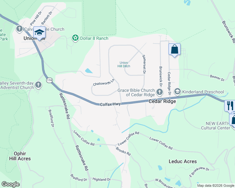 map of restaurants, bars, coffee shops, grocery stores, and more near 12897 Chatsworth Lane in Grass Valley