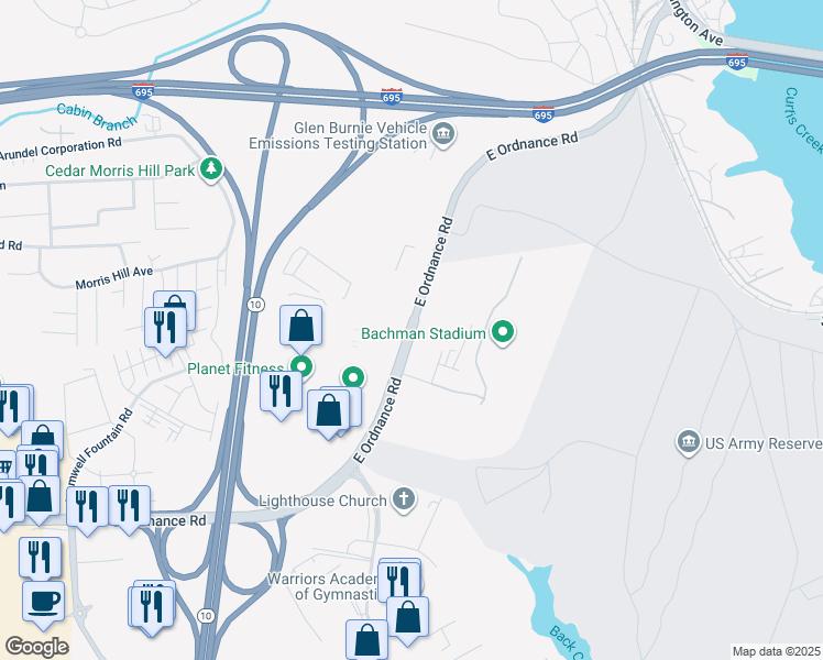map of restaurants, bars, coffee shops, grocery stores, and more near East Ordnance Road in Glen Burnie