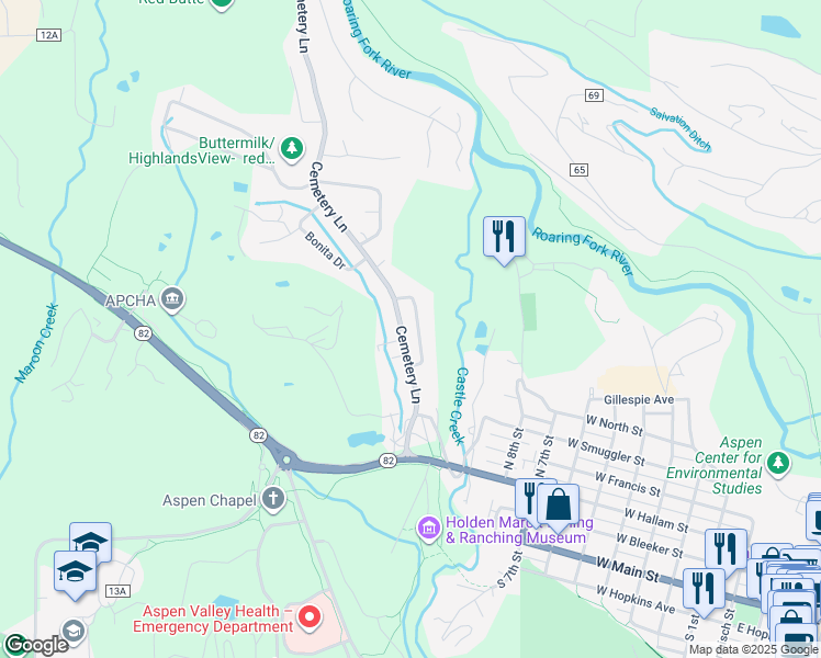 map of restaurants, bars, coffee shops, grocery stores, and more near 743 Cemetery Lane in Aspen