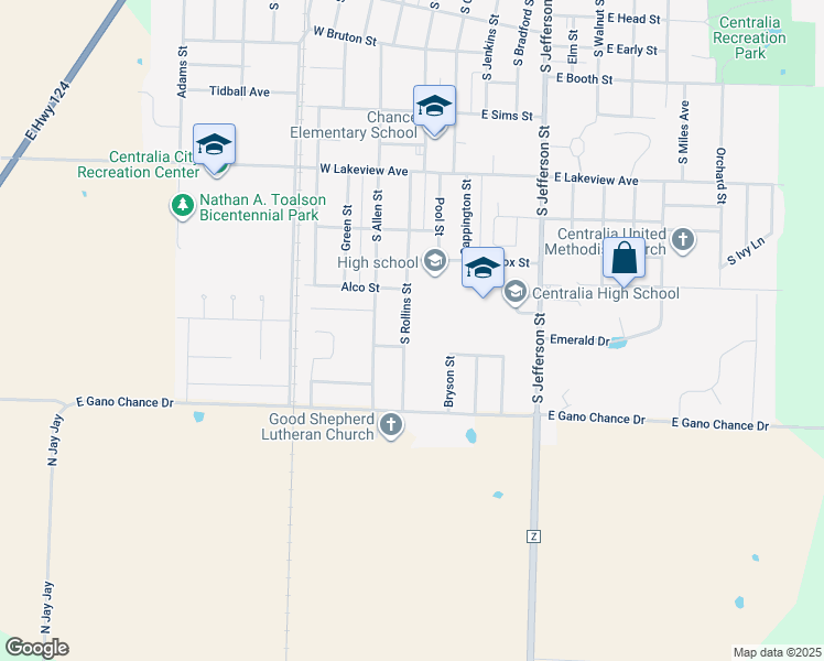 map of restaurants, bars, coffee shops, grocery stores, and more near 820 South Rollins Street in Centralia