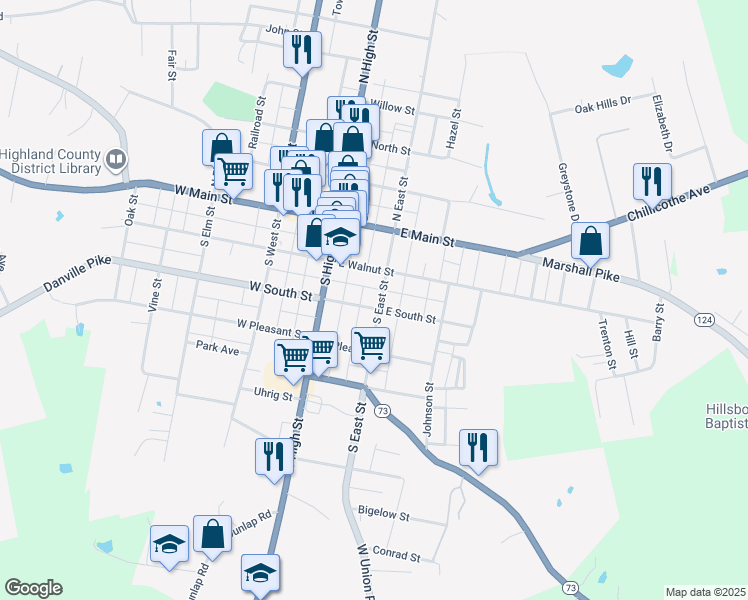 map of restaurants, bars, coffee shops, grocery stores, and more near 231 South East Street in Hillsboro