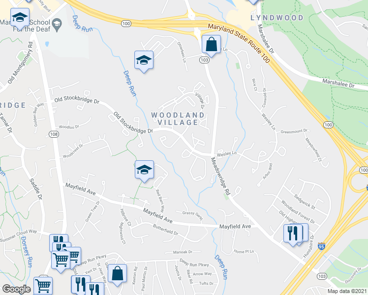 map of restaurants, bars, coffee shops, grocery stores, and more near 7602 Oldfield Lane in Ellicott City