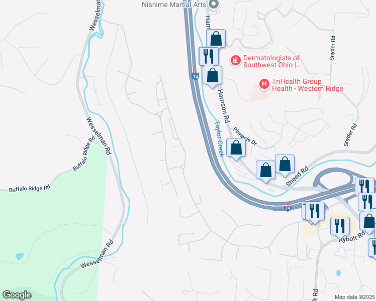 map of restaurants, bars, coffee shops, grocery stores, and more near 7362 Bridge Point Drive in Cincinnati