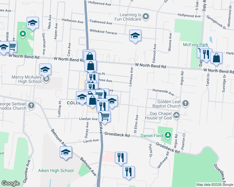 map of restaurants, bars, coffee shops, grocery stores, and more near 1423 Marlowe Avenue in Cincinnati