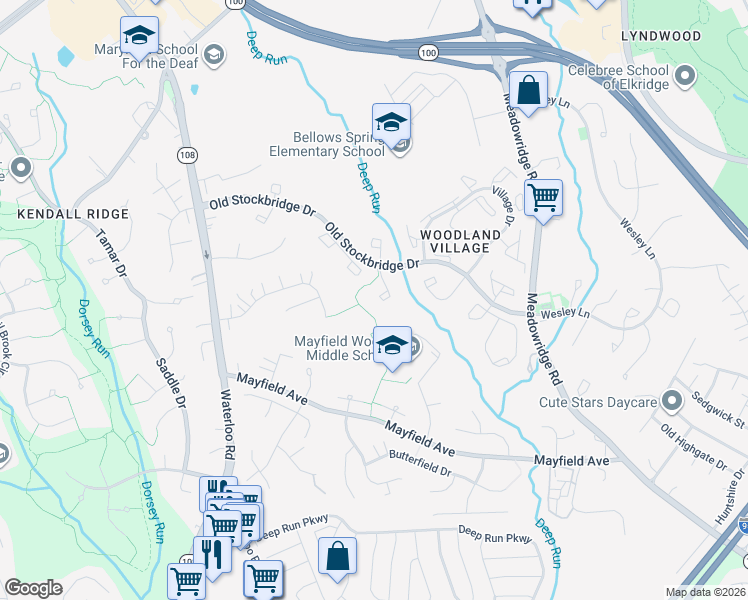 map of restaurants, bars, coffee shops, grocery stores, and more near 7822 Falling Leaves Court in Ellicott City