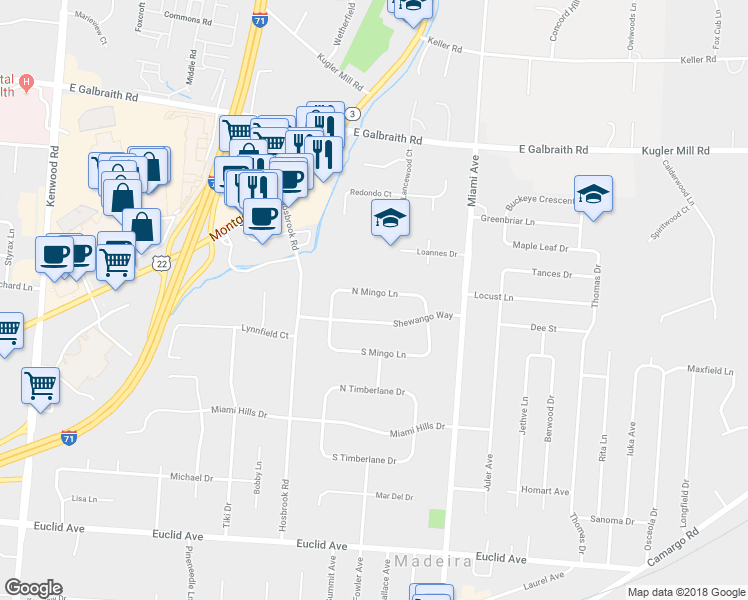 map of restaurants, bars, coffee shops, grocery stores, and more near 7361 North Mingo Lane in Cincinnati