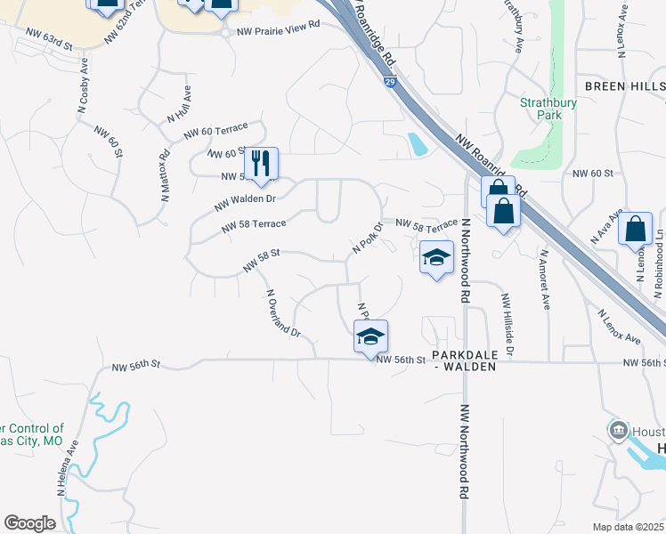 map of restaurants, bars, coffee shops, grocery stores, and more near 5005 Northwest 58 Street in Kansas City