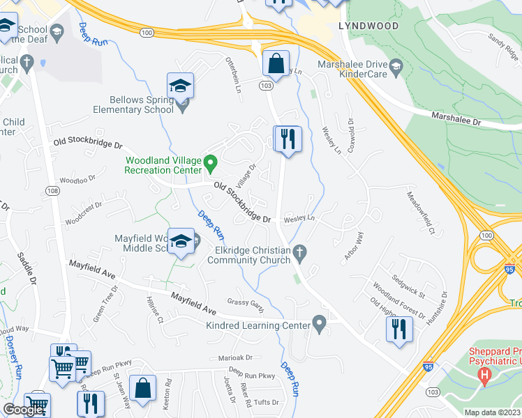 map of restaurants, bars, coffee shops, grocery stores, and more near 7610A Coachlight Lane in Ellicott City