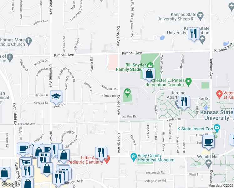map of restaurants, bars, coffee shops, grocery stores, and more near 2400 Himes Road in Manhattan