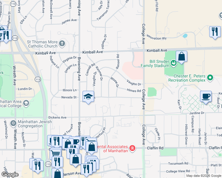 map of restaurants, bars, coffee shops, grocery stores, and more near 1716 Ranser Road in Manhattan
