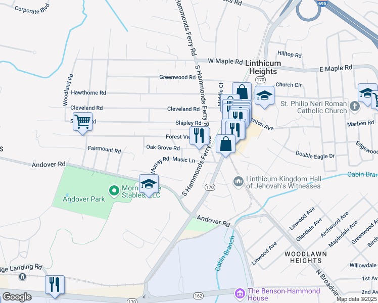 map of restaurants, bars, coffee shops, grocery stores, and more near 409 Oak Grove Road in Linthicum Heights