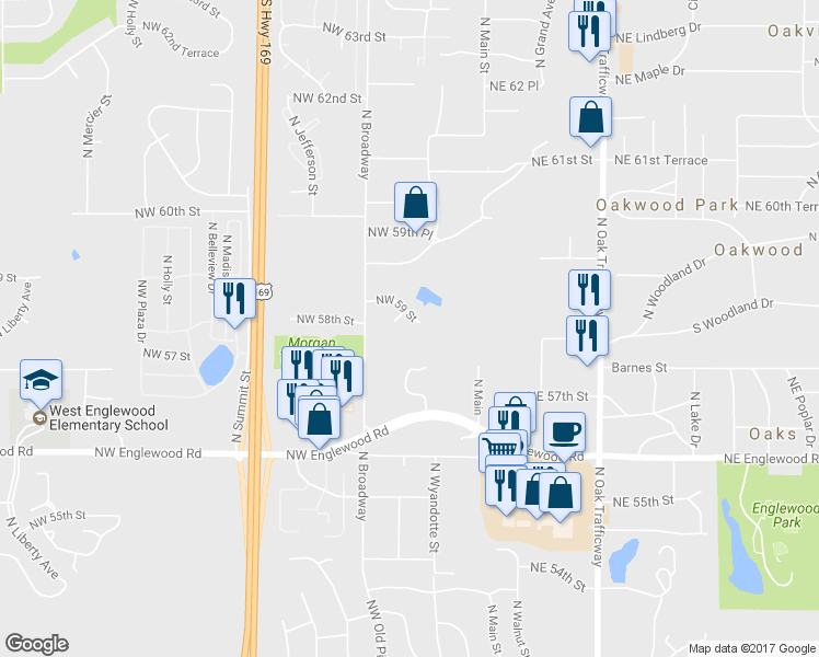 map of restaurants, bars, coffee shops, grocery stores, and more near 205 Northwest 59 Street in Kansas City