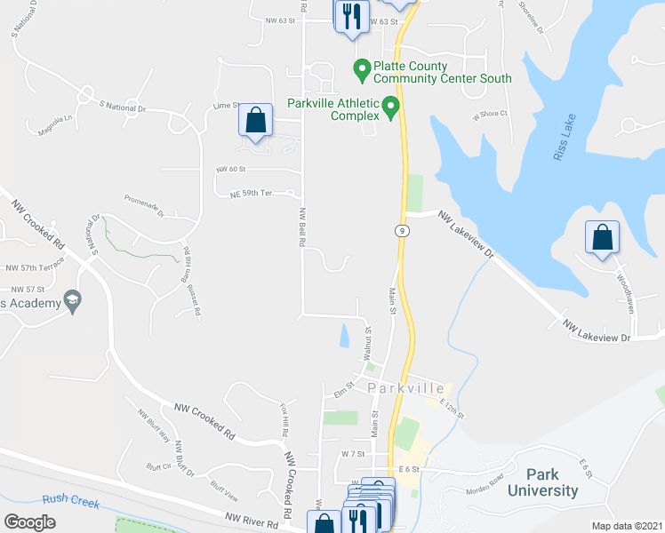 map of restaurants, bars, coffee shops, grocery stores, and more near 9029 Northwest 57th Street in Parkville