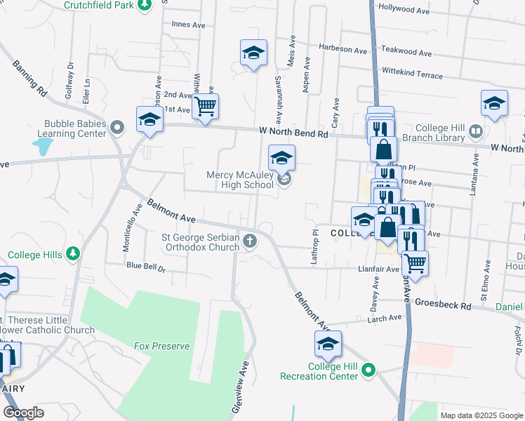 map of restaurants, bars, coffee shops, grocery stores, and more near 5870 Belmont Avenue in Cincinnati