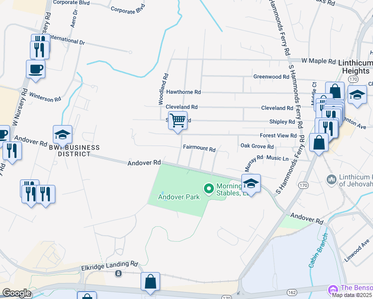 map of restaurants, bars, coffee shops, grocery stores, and more near 565 Fairmount Road in Linthicum Heights