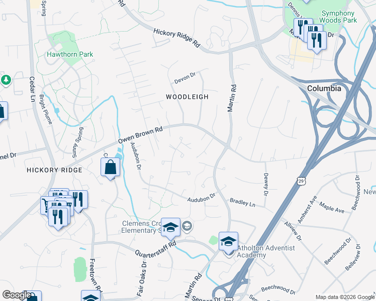 map of restaurants, bars, coffee shops, grocery stores, and more near 10369 Currycomb Court in Columbia