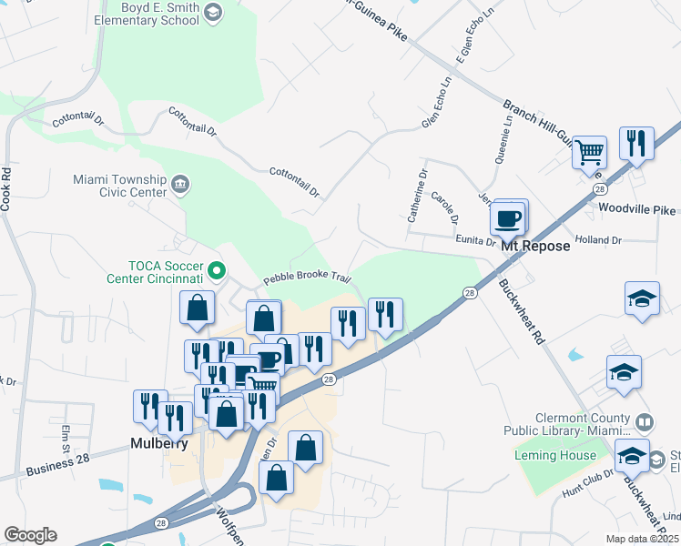 map of restaurants, bars, coffee shops, grocery stores, and more near 1288 Pebble Brooke Trail in Milford
