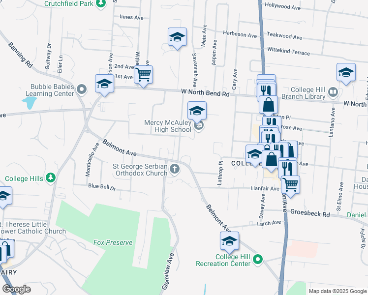 map of restaurants, bars, coffee shops, grocery stores, and more near 5925 Oakwood Avenue in Cincinnati