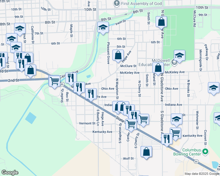 map of restaurants, bars, coffee shops, grocery stores, and more near 2031 Ohio Avenue in Columbus