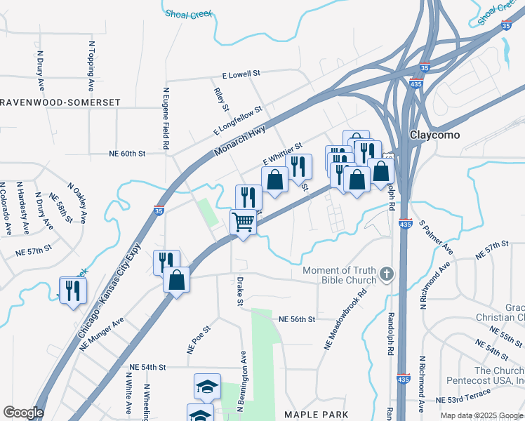 map of restaurants, bars, coffee shops, grocery stores, and more near 166 Riley Street in Kansas City