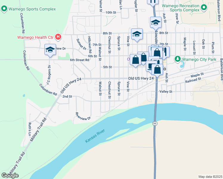 map of restaurants, bars, coffee shops, grocery stores, and more near 1301-1347 3rd Street in Wamego