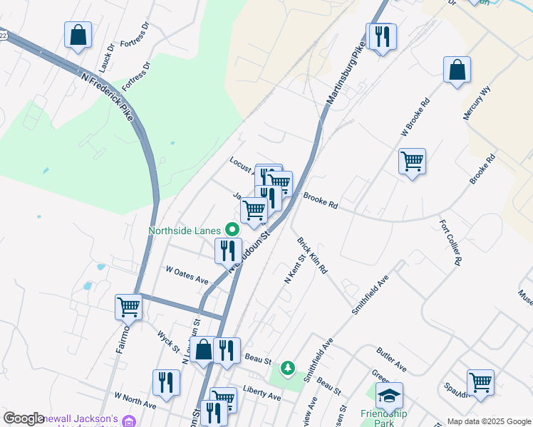 map of restaurants, bars, coffee shops, grocery stores, and more near 18 Jackson Ave in Winchester