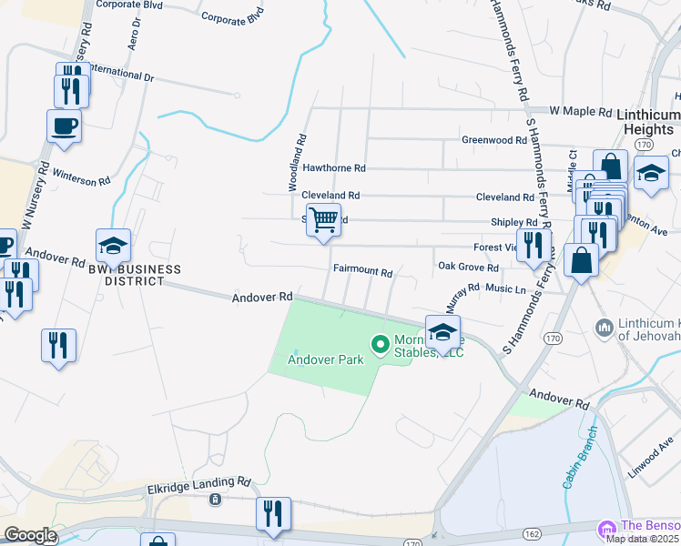 map of restaurants, bars, coffee shops, grocery stores, and more near 565 Fairmount Road in Linthicum Heights