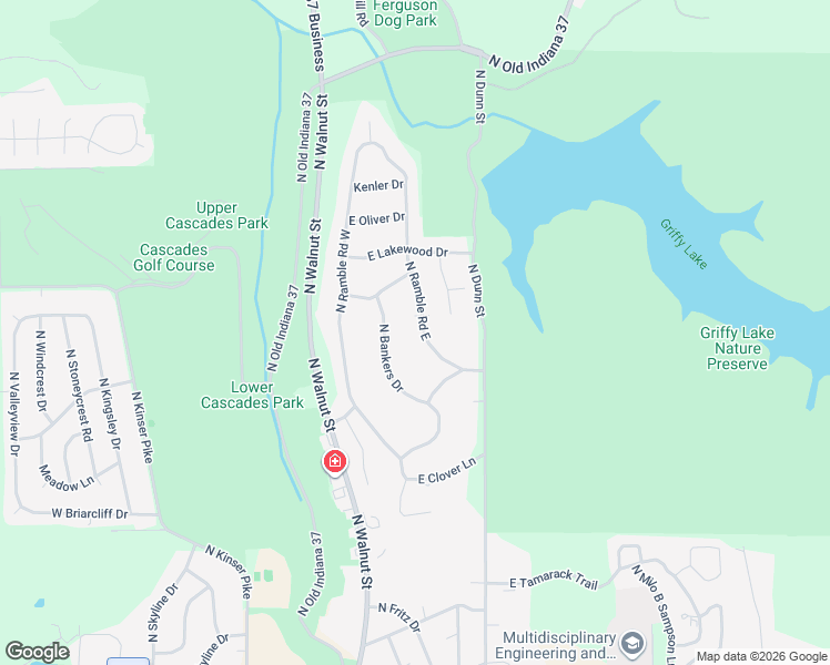 map of restaurants, bars, coffee shops, grocery stores, and more near 2938 N Ramble Road East in Bloomington