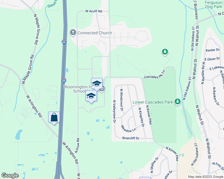 map of restaurants, bars, coffee shops, grocery stores, and more near 3531 North Valleyview Drive in Bloomington