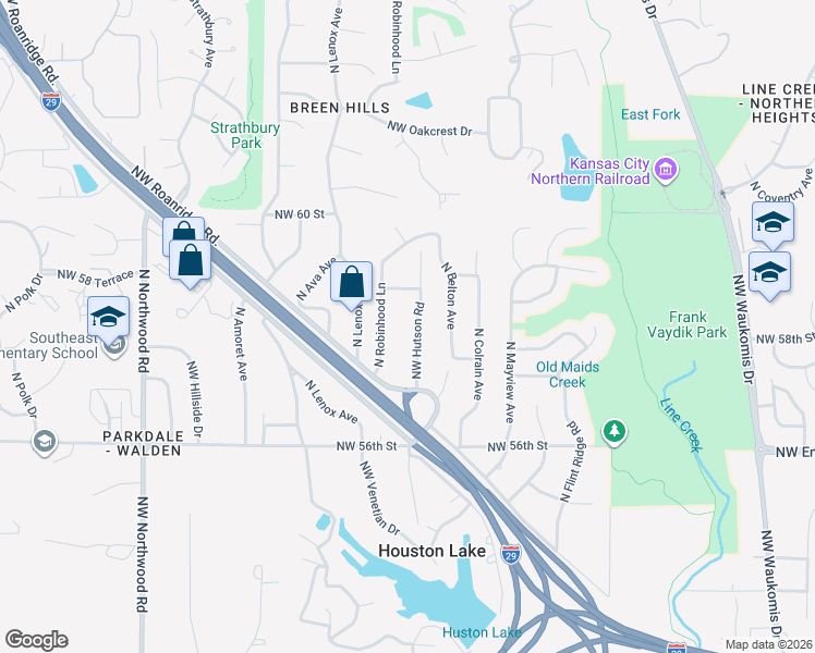 map of restaurants, bars, coffee shops, grocery stores, and more near 5724 North Hutsord Road in Kansas City