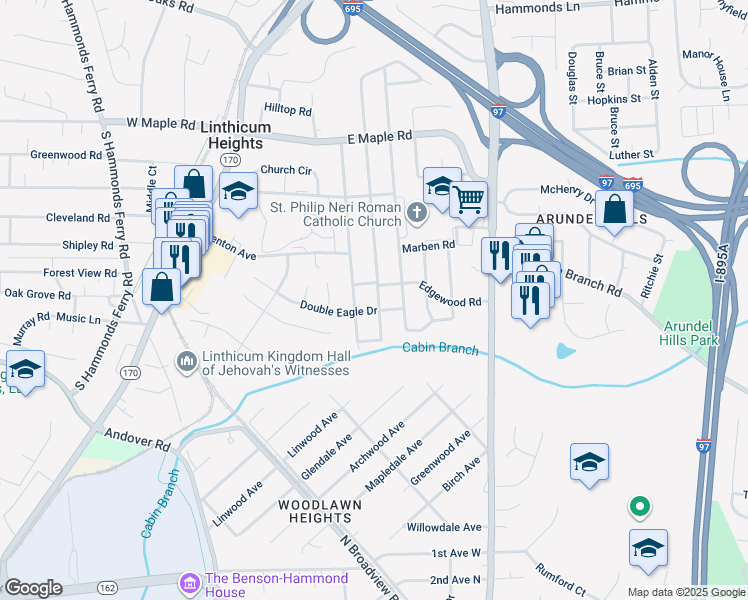 map of restaurants, bars, coffee shops, grocery stores, and more near 304 Homewood Road in Linthicum Heights