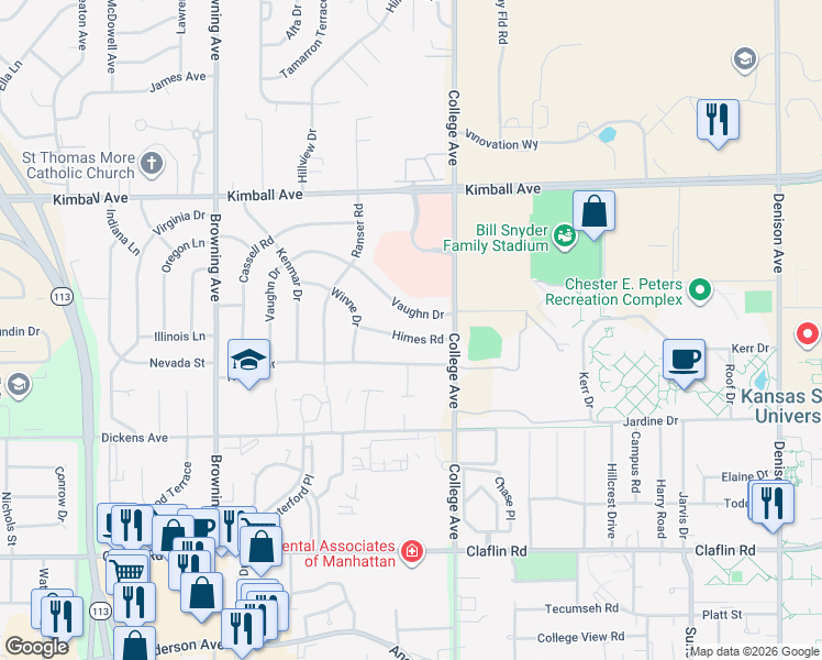 map of restaurants, bars, coffee shops, grocery stores, and more near 2424 Himes Road in Manhattan