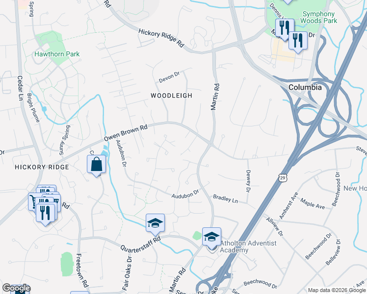 map of restaurants, bars, coffee shops, grocery stores, and more near 6210 Woodleigh Dr in Columbia