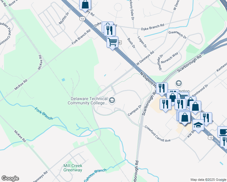 map of restaurants, bars, coffee shops, grocery stores, and more near North Delaware Tech Drive in Dover