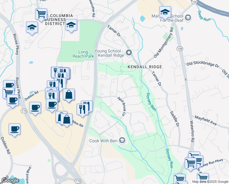 map of restaurants, bars, coffee shops, grocery stores, and more near 6110 Cliffside Trail in Columbia