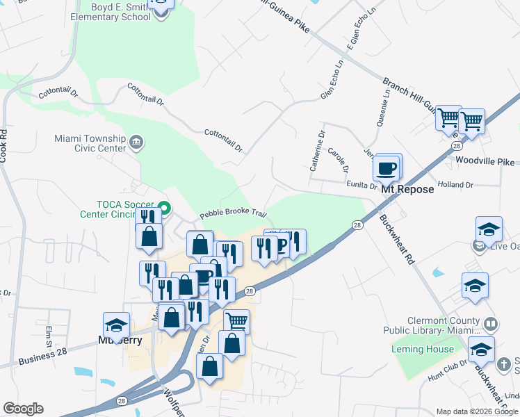 map of restaurants, bars, coffee shops, grocery stores, and more near 1288 Pebble Brooke Trail in Milford