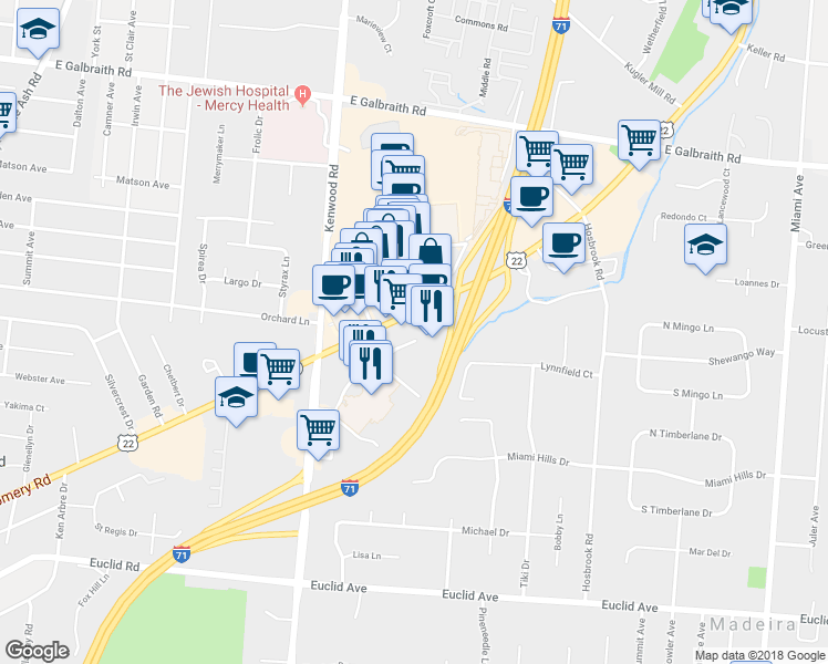 map of restaurants, bars, coffee shops, grocery stores, and more near 7896 Montgomery Road in Cincinnati