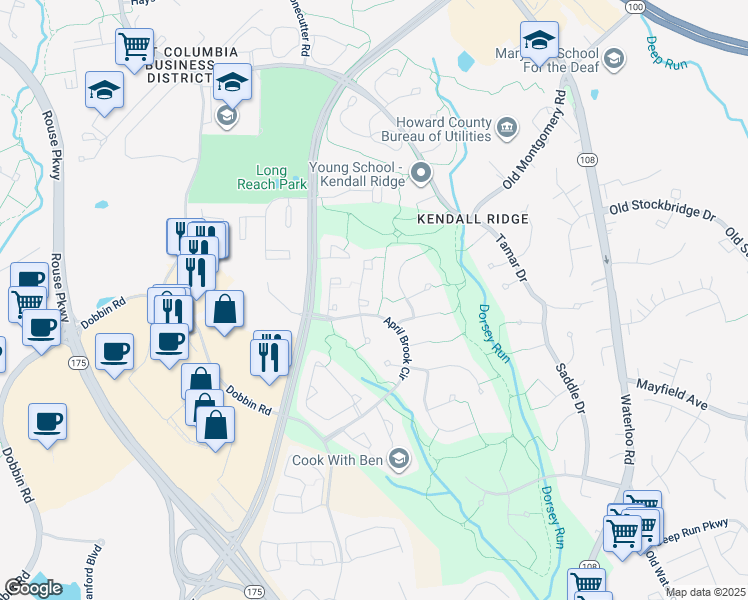 map of restaurants, bars, coffee shops, grocery stores, and more near 6110 Cliffside Trail in Columbia