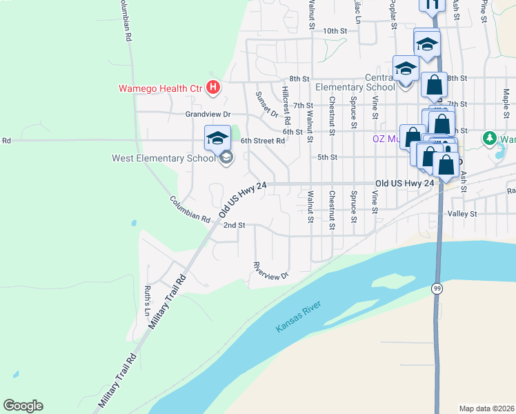 map of restaurants, bars, coffee shops, grocery stores, and more near 1607 4th Street in Wamego