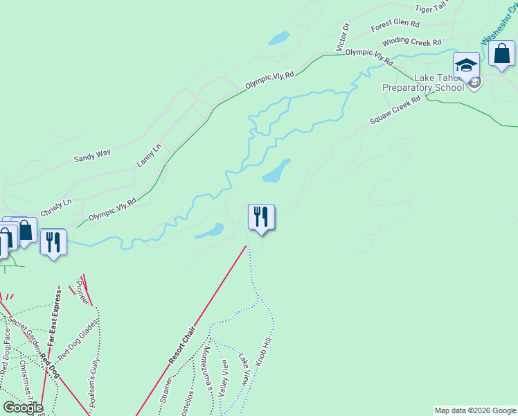 map of restaurants, bars, coffee shops, grocery stores, and more near 340 Squaw Creek Road in Olympic Valley