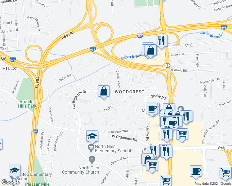 map of restaurants, bars, coffee shops, grocery stores, and more near 218 Allen Road in Glen Burnie