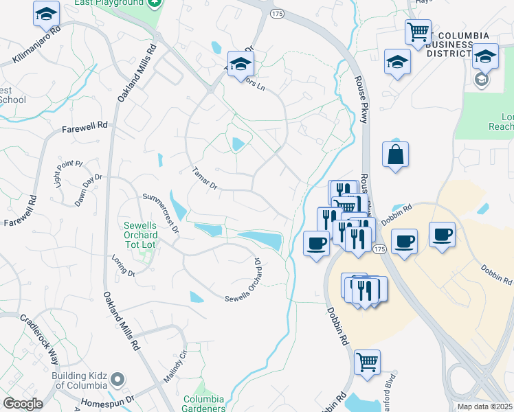 map of restaurants, bars, coffee shops, grocery stores, and more near 6334 Rainprint Row in Columbia