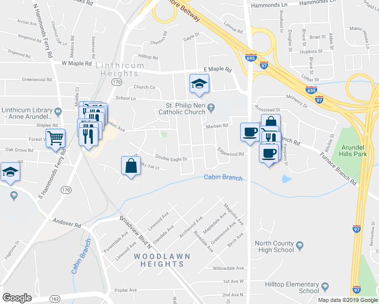 map of restaurants, bars, coffee shops, grocery stores, and more near 304 Homewood Road in Linthicum Heights