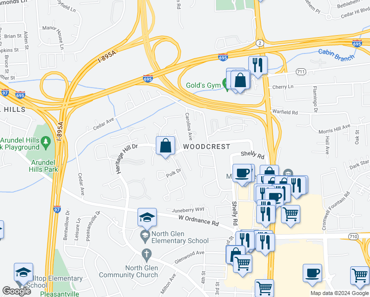 map of restaurants, bars, coffee shops, grocery stores, and more near 218 Allen Road in Glen Burnie