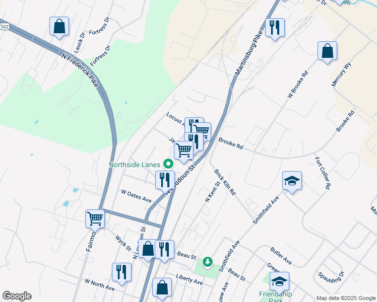 map of restaurants, bars, coffee shops, grocery stores, and more near 18 Jackson Avenue in Winchester