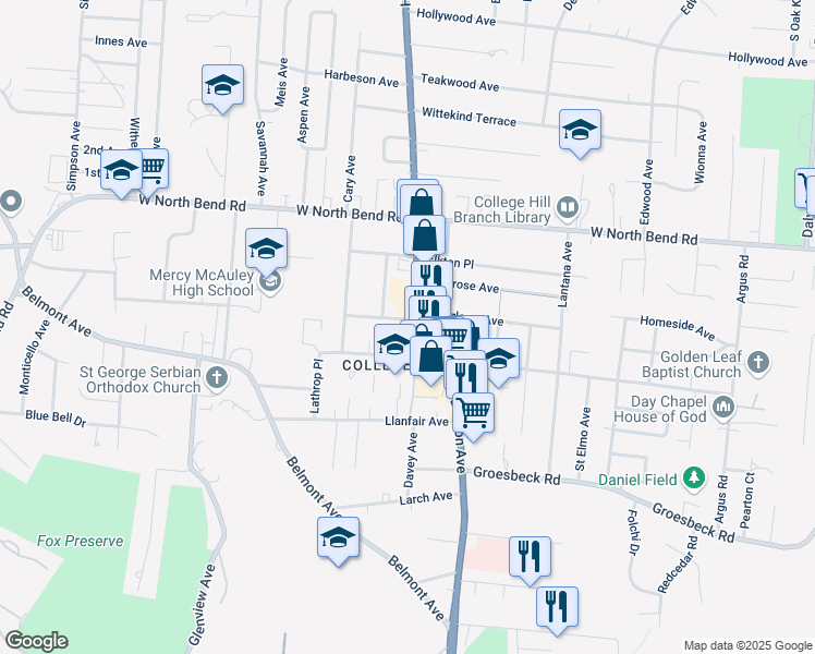 map of restaurants, bars, coffee shops, grocery stores, and more near 5919 Hamilton Avenue in Cincinnati