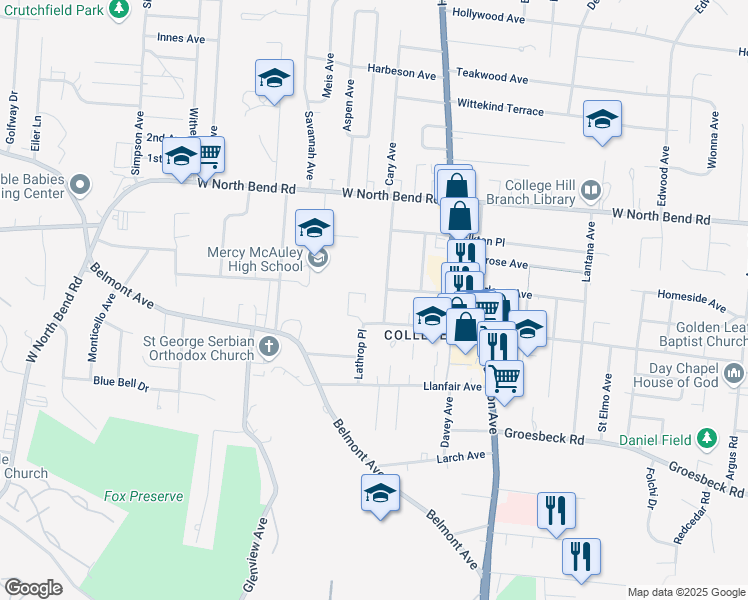 map of restaurants, bars, coffee shops, grocery stores, and more near 5914 Cary Avenue in Cincinnati