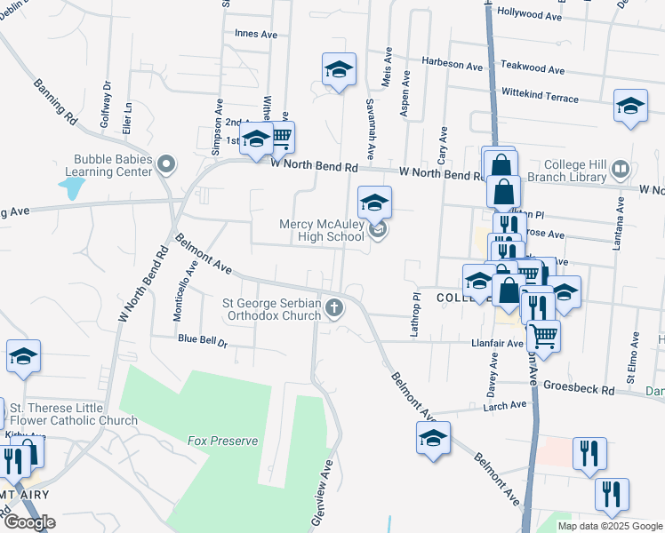 map of restaurants, bars, coffee shops, grocery stores, and more near 5925 Oakwood Avenue in Cincinnati